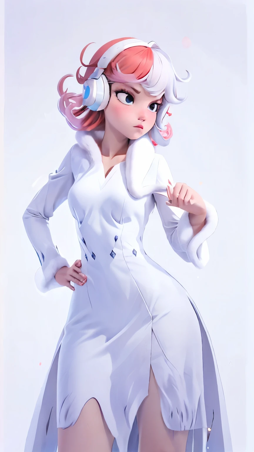 (1 girl, alone, Masterpiece, 4k, Best Quality:1.2, (cowboy shot), Best Quality:1.2, good hands, striking, (perfect hands, perfect anatomy)), 
utaop, headphones,blush, White dress, fur on one, red and white hair, multicolor fur, High average, 
((medium breasts, big hips, looking at the viewer)), 
((simple background, White background)), 