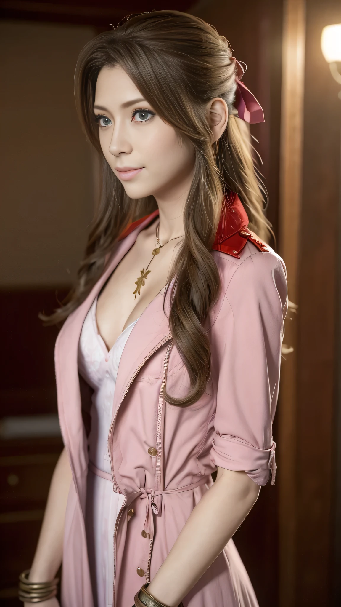 masterpiece、1 beautiful girl、Beautiful Eyes、smile,Puffy eyes、Highest quality, 超High resolution, (reality: 1.4), Cinema Lighting、so beautiful、Beautiful Skin、Body facing forward、Upper Body,Face close-up,(Ultra-realistic)、(High resolution)、(8K)、(Very detailed)、(Beautiful eyes)、(Very detailedな)、 (wall-)、Detailed face、Bright lighting、Professional Lighting、Looking at the audience、Look straight ahead、Diagonal front hair、Perfect cosplay,Highest quality,masterpiece,8k wallpaper,Confused, High resolution, Very detailedな, (One beautiful girl, alone:1.1),Aerith Gainsbourg \(Cosplay\),red_Jacket, necklace,brown_hair,length_hair,bracelet,pink_dress,hair_ribbon,terrace