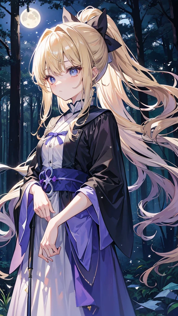 Kobato Hasegawa stands in the middle of a moonlit forest, wearing a long black gown adorned with shimmering stars. Her long blonde hair is tied up in a ponytail, and she holds a glowing magic wand in her hand. Around her, small bats fly, adding to the mysterious and magical aura of her appearance.