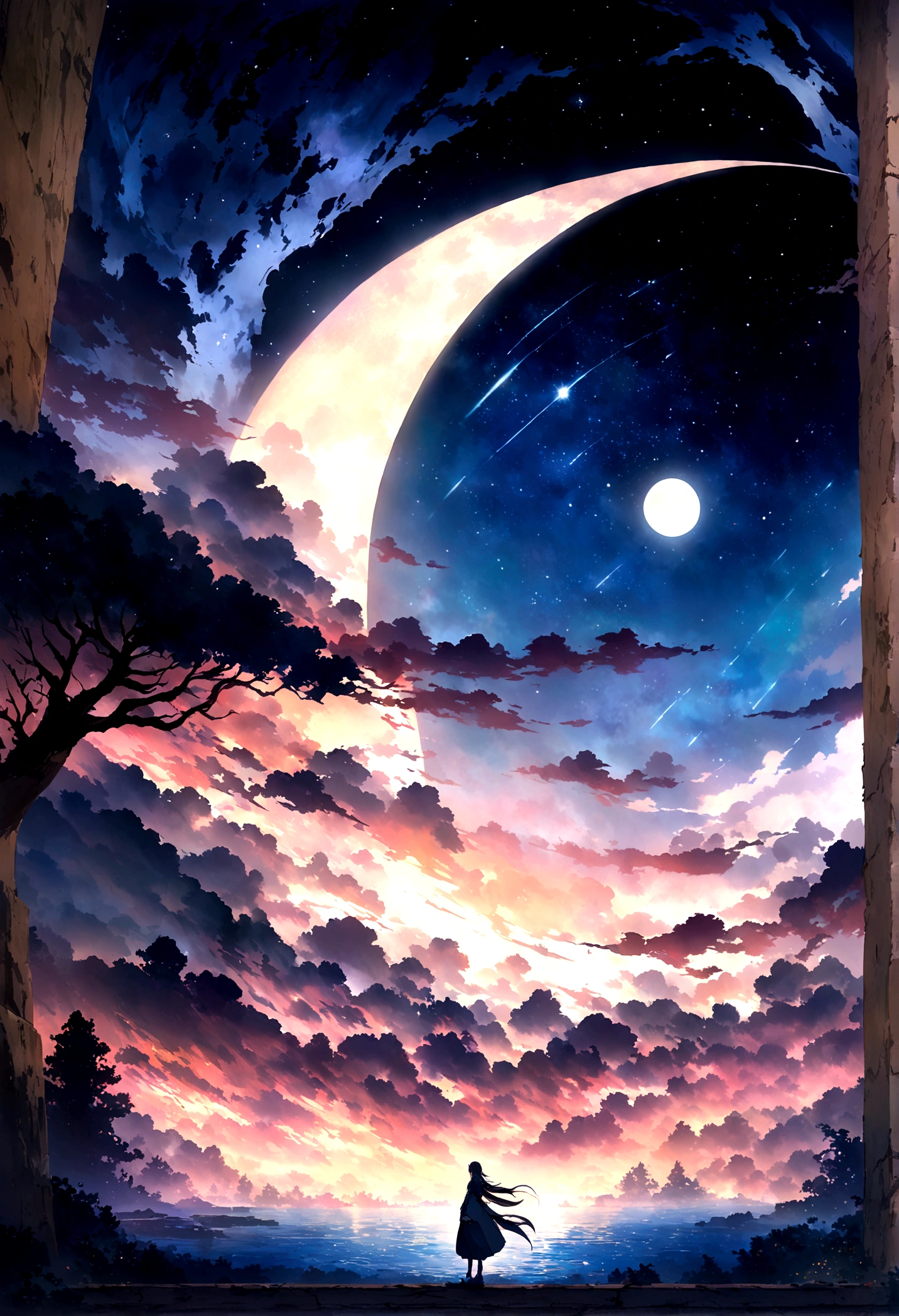 Highly concentrated beauty，Through the sky, Starry Moon Painting, concept art inspired by Tosa Mitsuoki, Pixiv competition winner, Best quality, Fantasy art, beautiful anime scenes, A bright moon, Starry sky environment in moonlight, Dream painting, Anime background art, dream scenery art, Fantastic night, anime backgrounds, background artwork, dreamlike art, Atmospheric anime, Starry sky, Detail enhancement.