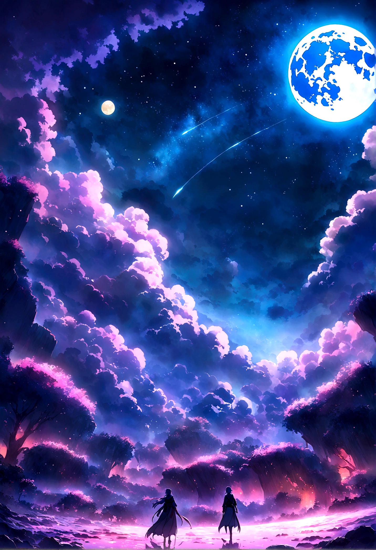 Highly concentrated beauty,Through the sky, Starry Moon Painting, concept art inspired by Tosa Mitsuoki, Pixiv competition winner, Best quality, Fantasy art, beautiful anime scenes, A bright moon, Starry sky environment in moonlight, Dream painting, Anime background art, dream scenery art, Fantastic night, anime backgrounds, background artwork, dreamlike art, Atmospheric anime, Starry sky, Detail enhancement.