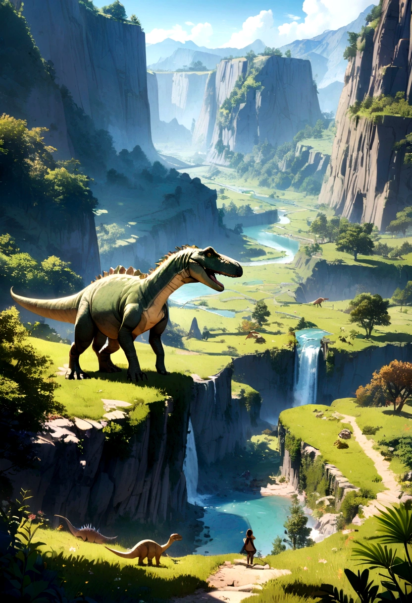 create a valley with several dinosaurs