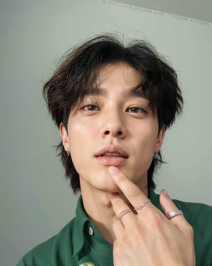 there is a man with a ring on his finger and a green shirt, Jeon Jungkook, JungKook/the full lips, Jeon Jungkook, small lips, pointy nose, inspired by Jeon Jungkook, Jeon Jungkook, Jeon Jungkook, Jeon Jungkook hyung, south korean man, Asian Male, profile picture with headshot