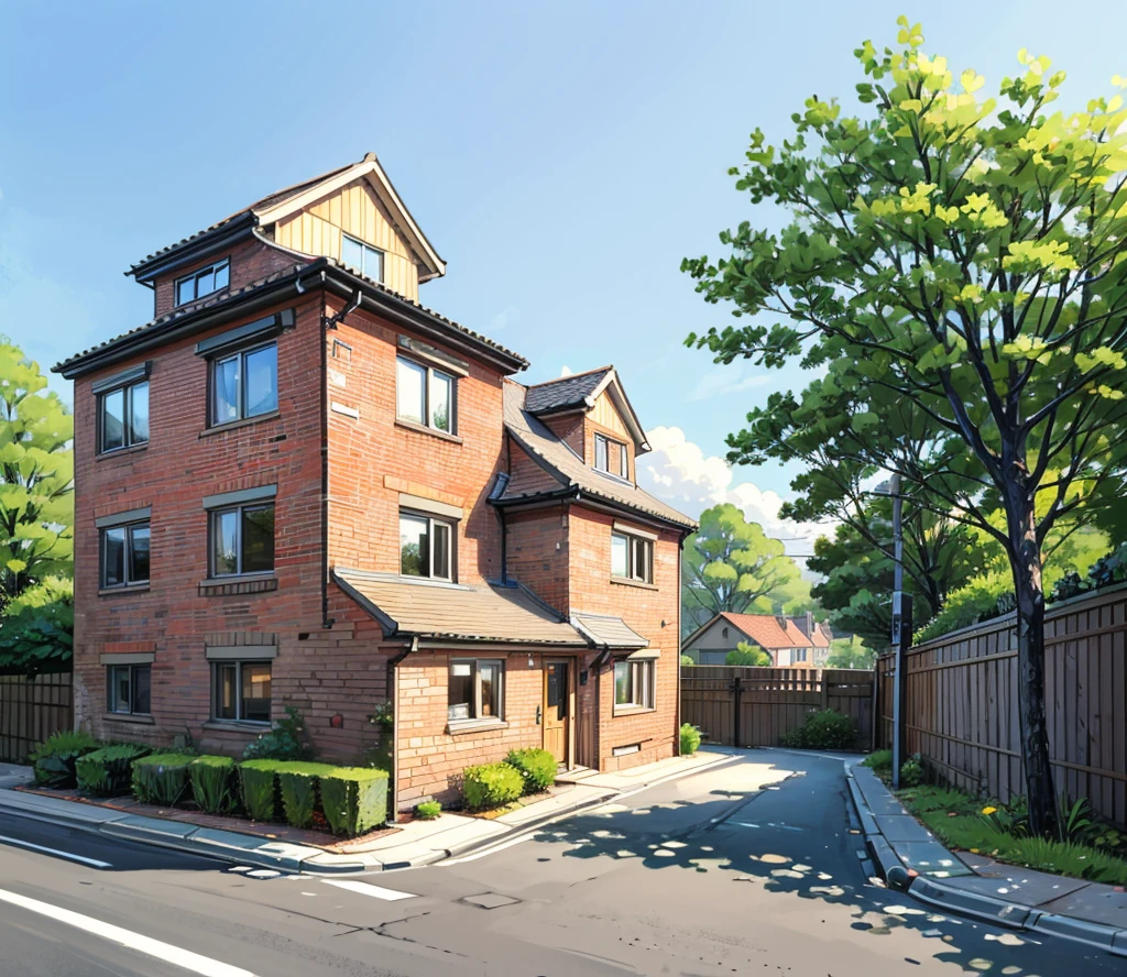 Picture of an English style house in a residential area surrounded by nature, the house has a small parking space. There are stairs in front of the house. The house has only one storey with large windows. Parking space, separate garage. Car in front of the garage, the view is from across the street. House is facing the street, the house is made up of red bricks.