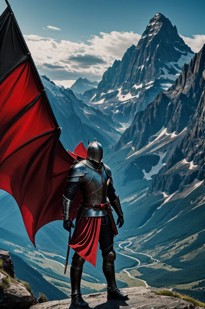 A knight in detailed black and red armor standing in the foreground, with a dramatic mountain landscape and a dragon flying above