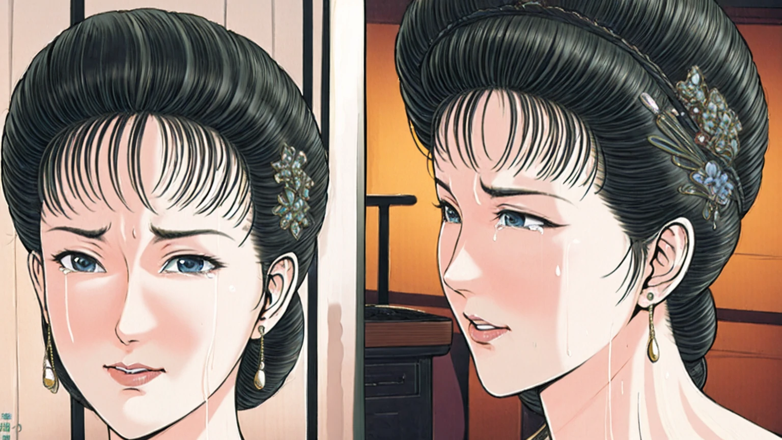 (best quality), (very aesthetic), (ultra-detailed), (best illustration),(a mature female),(perfect face),Suikoden,Mrs. Lin,(((NSFW))),((full_body)),((full_Nude)),(crying),red cheek,sweating,skinny,flushed skin,(Woman with pubic hair),(Lying face down on the bed),traditional Chinese bedroom,