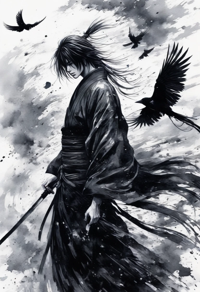 Ink and ink painting,Black and white painting,splash,whole body,Beautiful detailed glass hair,Rurouni Kenshin,Kenshin Himura,Crow,