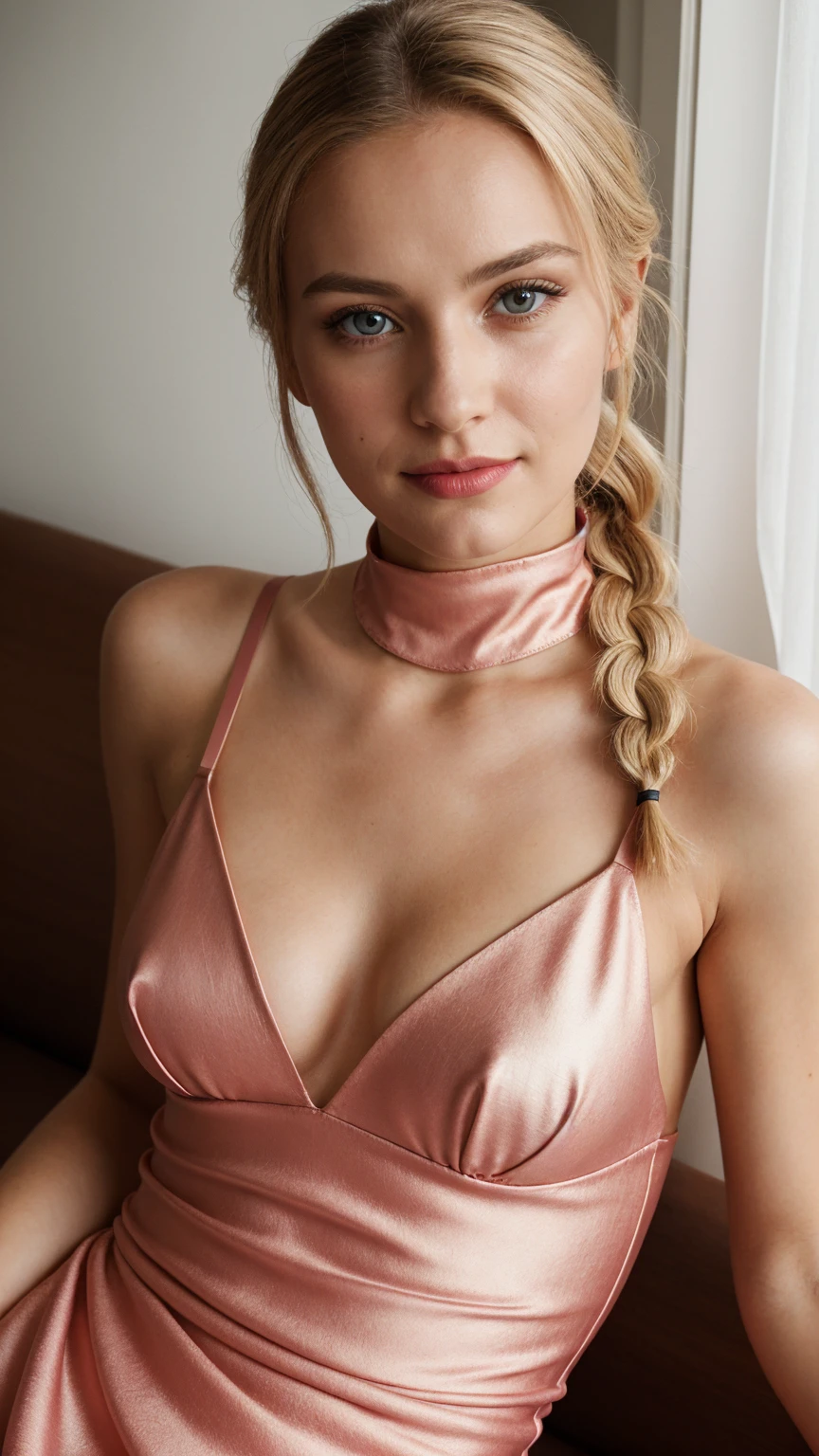 woman, smile, high neck dress, warm light, shadows, Photograph of a 25 year old woman, (ambivalent facial expression), face looking at camera, full face, portrait, faces are visible more, and the eyes look straight, shine pink textured silk small and short cloth, goosebumps, ash blonde mermaid with braid, Perfect eyes, realistic skin texture, too much sweat, (ektachrome), Velvia 100 color, shot with Leica T, hips, sharp focus on the subject, shot by Peter Lindbergh, bright, fair, realistic look, tika on forehead, nose jewelry, big lips, red lipstick, pink slip, big breast, leather bra, silk short,