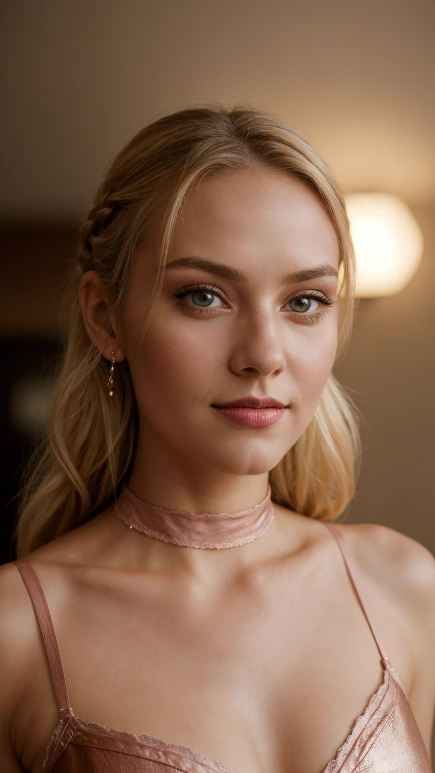 woman, smile, high neck dress, warm light, shadows, Photograph of a 25 year old woman, (ambivalent facial expression), face looking at camera, full face, portrait, faces are visible more, and the eyes look straight, shine pink textured silk small and short cloth, goosebumps, ash blonde mermaid with braid, Perfect eyes, realistic skin texture, too much sweat, (ektachrome), Velvia 100 color, shot with Leica T, hips, sharp focus on the subject, shot by Peter Lindbergh, bright, fair, realistic look, tika on forehead, nose jewelry, big lips, red lipstick, pink slip, big breast, leather bra, silk short, 