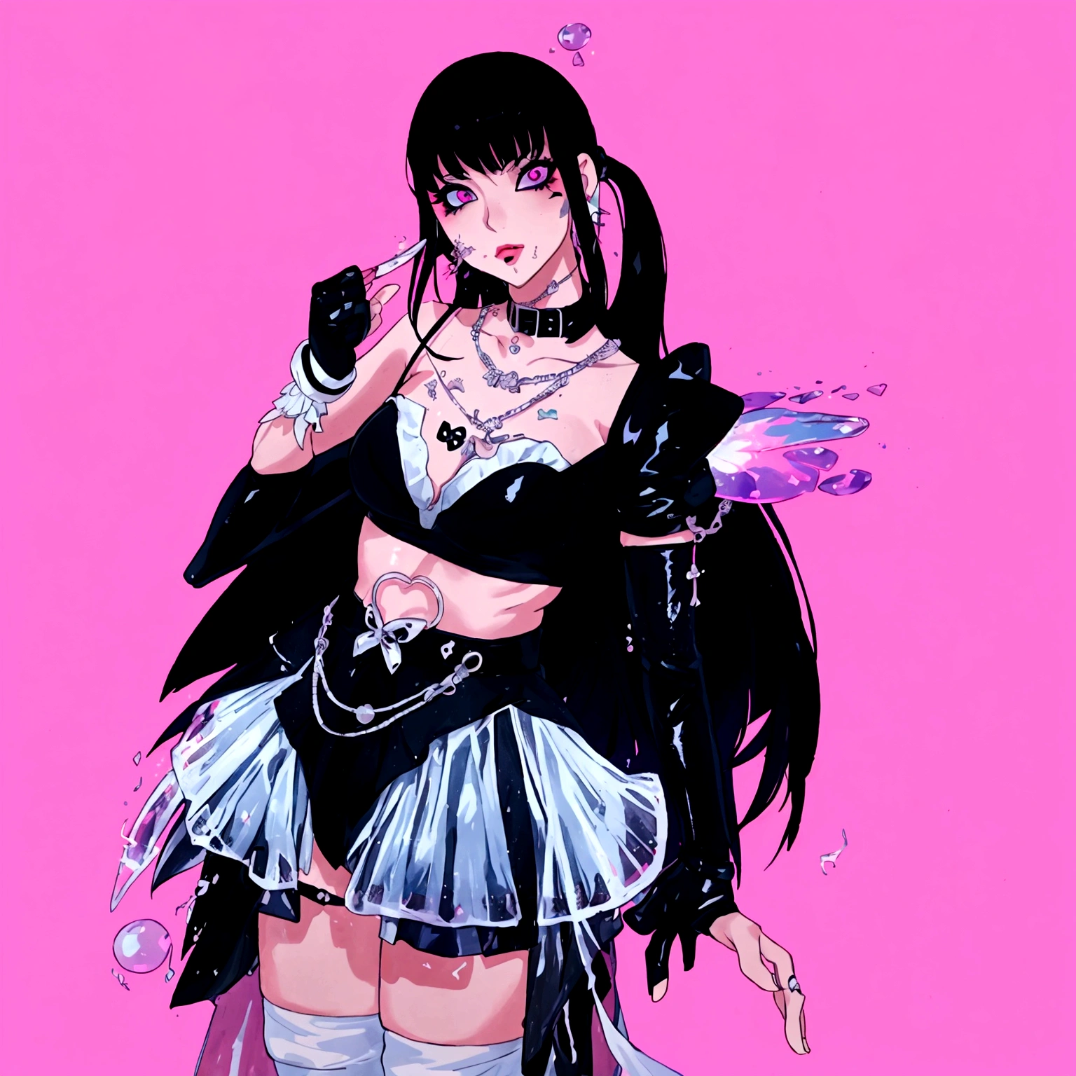 there is a woman in a costume that is standing up, bubble goth, inspired by Awataguchi Takamitsu, morrigan, spellcasting pose, glitchpunk girl, inspired by Jin Homura, “uwu the prismatic person, e-girl, e - girl, glamorous tifa lockheart, belle delphine, inspired by Sim Sa-jeong