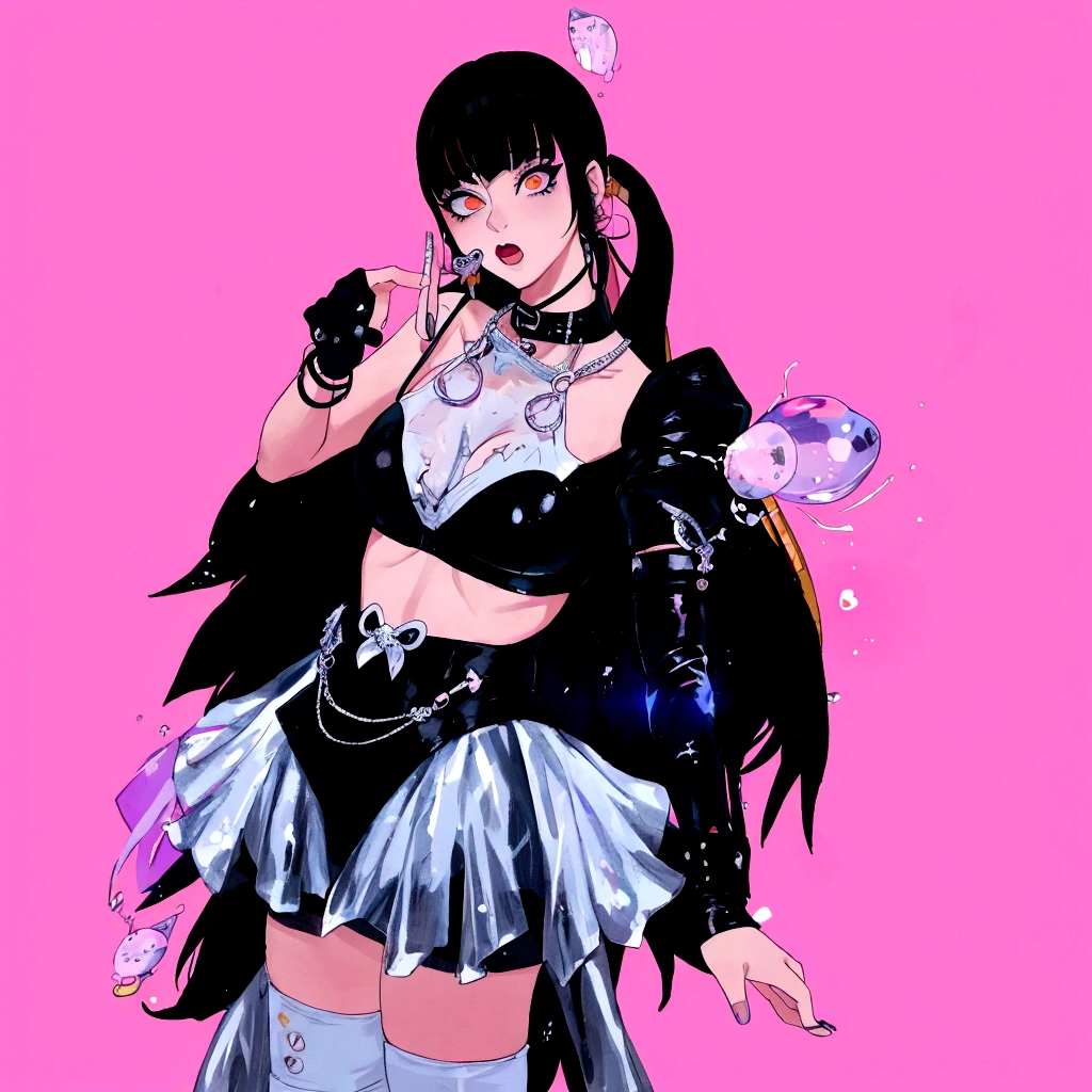 there is a woman in a costume that is standing up, bubble goth, inspired by Awataguchi Takamitsu, morrigan, spellcasting pose, glitchpunk girl, inspired by Jin Homura, “uwu the prismatic person, e-girl, e - girl, glamorous tifa lockheart, belle delphine, inspired by Sim Sa-jeong