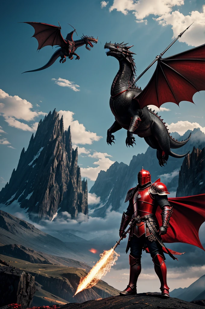A knight in detailed black and red armor standing in the foreground, with a dramatic mountain landscape and a dragon flying above