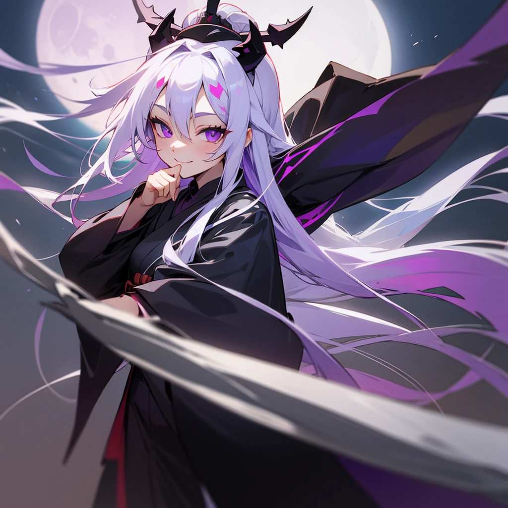 Long silver hair, Smile Torii
, black ninja, full moon, purple eyes, white horns