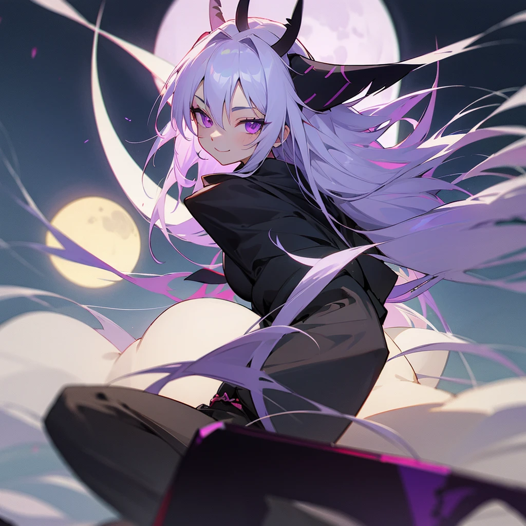 Long silver hair, Smile Torii
, black ninja, full moon, purple eyes, white horns
