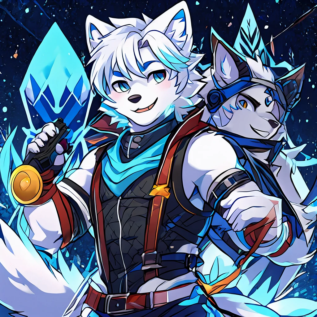 male arctic fox holding a pistol, white hair with light blue tips, ssmile