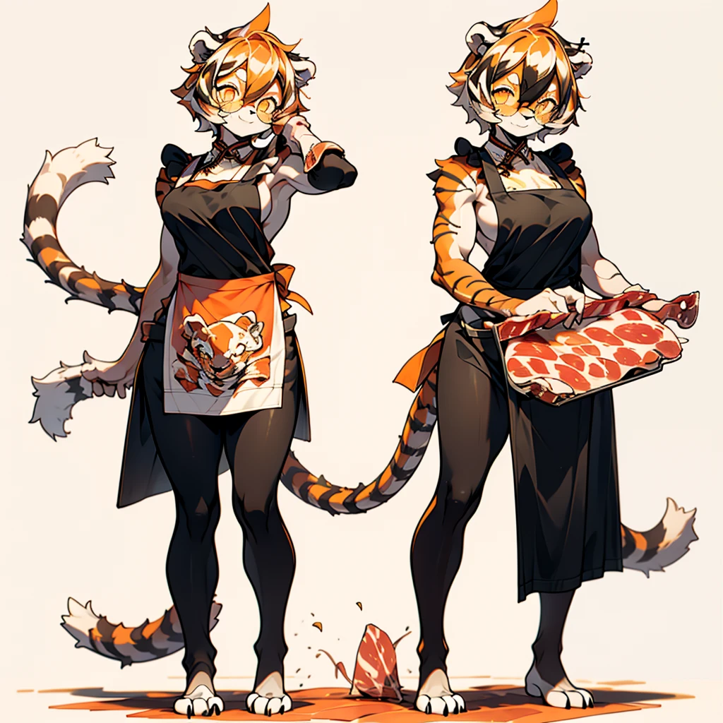 white background, full body, ((1girl,furry)), Standing Yoga mat, animal ears, arknights, white hair, black hair, round eyewear, glasses, OPPEIN, short hair, large breasts, muscle, tail, orange eyes, orange hair, multicolored hair, tiger girl, furry female, hair between eyes, tiger_ears, tiger_tail, orange-tinted_eyewear, tinted_eyewear, Sophorae, big breasts, evil smile, Shadows under feet, Abdominal muscles, (((butcher apron, butcher girl:1.5)))