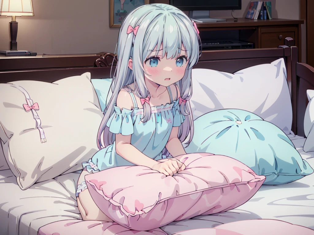 （masterpiece，best quality，best quality, masterpiece），my own, , , (适合任何Pillow背景的光影））, 穿着School Swimsuit可爱女孩在Pillow上摆姿势 ，pajamas，,（很多Pillow），Soft cushion，，，，很多Pillow，，，（Pillow），（A tail），，（充满细节的Pillow），（Love around the protagonist），Steam，，（Pillow），（palace），（Palace bedroom），（Pillow），柔软的Pillow，，（Classical European style bedroom ），（excited，shy person，Lack of expressiveness，），，, ((Maximum resolution)), artwork, ，,,(Interior of the palace),,(Deluxe Rococo Canopy King Bed),在一張又大又寬敞of beds上,(),,,,Luxurious curtains with ornate ruffles and ribbons surround the bed,((((There are many pillows piled on the bed)))),Detail of Quilt,詳細of beds單,Ruffled Bed Skirt,Deep Bed,Background with depth,((详细的Pillow)), ((((大量的Pillow))))，,，详细的软Pillow,,((女孩正躺在许多柔软的Pillow上,周围有许多Pillow))，。Many small feathers fluttering、 带褶边和缎带的长裙pajamas、In a huge, Large canopy bed、Soft pink sheets and quilt、色彩鲜艳的柔软Pillow、很多带褶边的Pillow和带褶边of beds裙、Soft tones，of beds、Ruffled curtains around the bed.。Delicate face。Background with depth,(sagiri_izumi,Izumi Sagiri),grey hair, long hair, multicolored hair, blue eyes, 1girl,,,pillow humping, humping，School Swimsuit