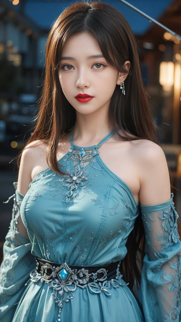 best quality, tmasterpiece,Ultra-high resolution,Clear face,(Reality:1.4),ferpect lighting,(upper body shot), (photorealistic:1.50), anime wallpaper, Guviz style artwork, cover-up fantasy up to magic , by Yang J, Guviz, beautiful artwork illustration, beautiful digital artwork, beautiful digital illustration, Li Song, beautiful anime portrait, art style in Beauvot, Lips wear thick red lipstick