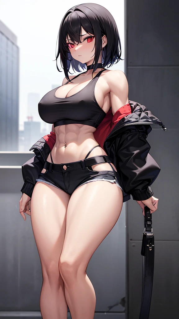 1 girl, muscular, black hair, red eyes, pale skin, solo, short shoulder length hair, curvy, very wide hips, narrow waist, thick thighs, very huge breasts, black choker, black tank top, black jean booty shorts, sultry, navel piercing, midriff six-pack abs, no jacket, visible cleavage