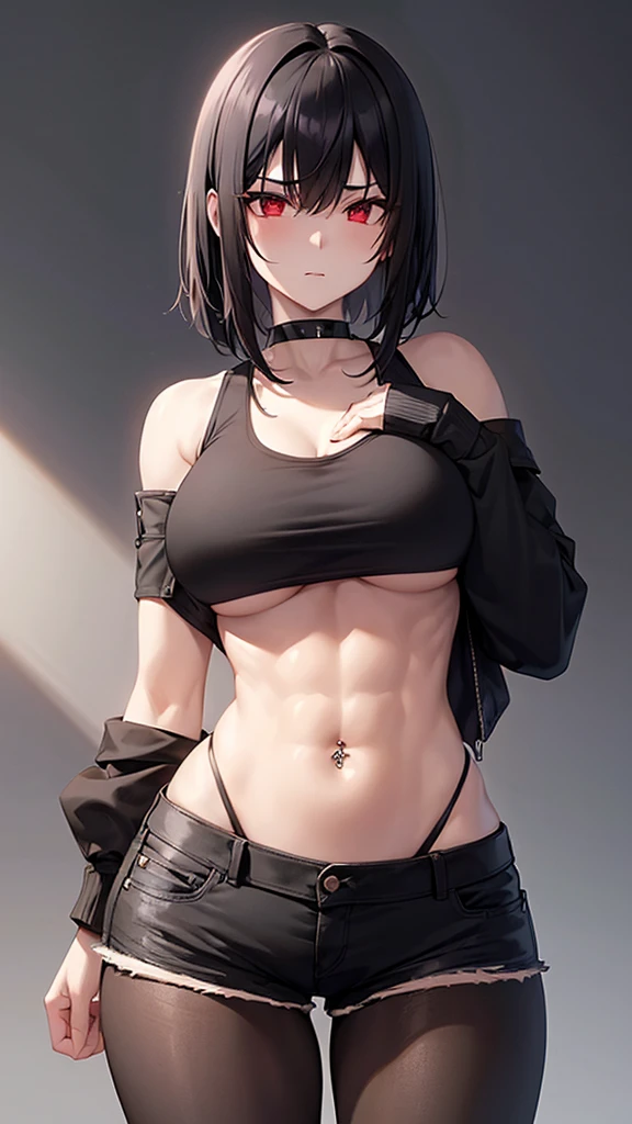 1 girl, muscular, black hair, red eyes, pale skin, solo, short shoulder length hair, curvy, very wide hips, narrow waist, thick thighs, very huge breasts, black choker, black tank top, black jean booty shorts, sultry, navel piercing, midriff six-pack abs, no jacket, visible cleavage