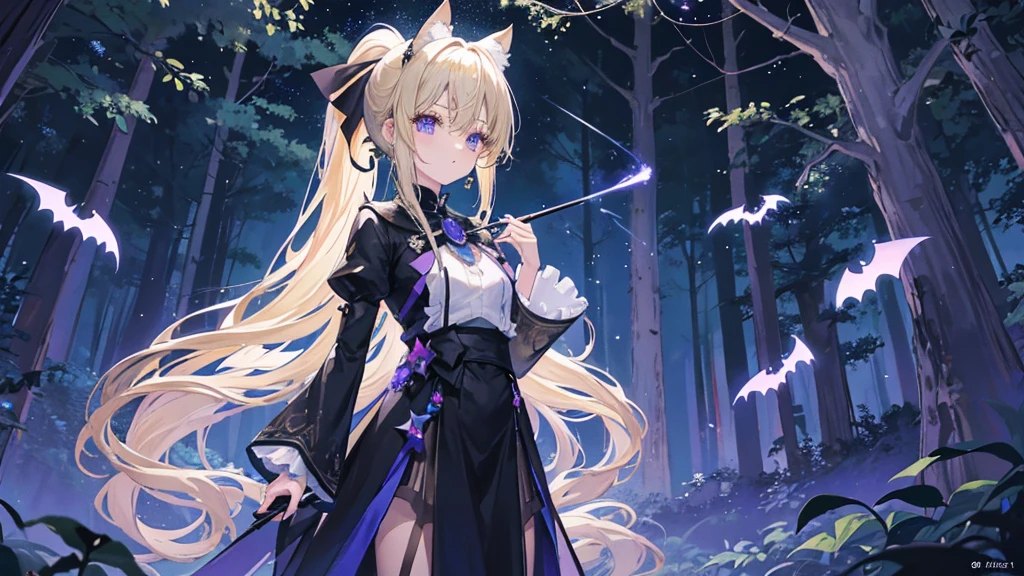 Kobato Hasegawa stands in the middle of a moonlit forest, wearing a long black gown adorned with shimmering stars. Her long blonde hair is tied up in a ponytail, and she holds a glowing magic wand in her hand. Around her, small bats fly, adding to the mysterious and magical aura of her appearance.