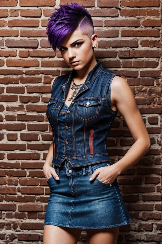 I want you to generate an image of a punk girl for me , with shaved haircut on the sides, with jeans vest and skirt with patches, linen neckline .
Breaking a wall with a punch pieces of brick ahead .
Back a purple brick background in vibrant color.