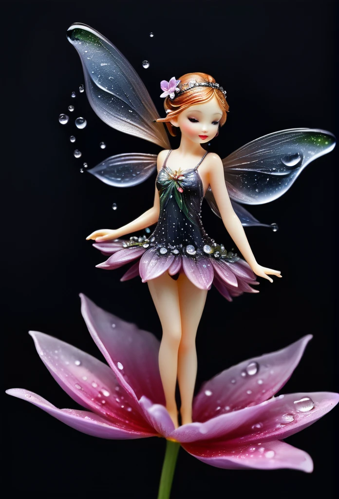 Beautiful flower,with water drops,a tiny miniature fairy(full body) is gracefully sitting on the flower, pitch black background,(art work),(refined details),(high quality)
