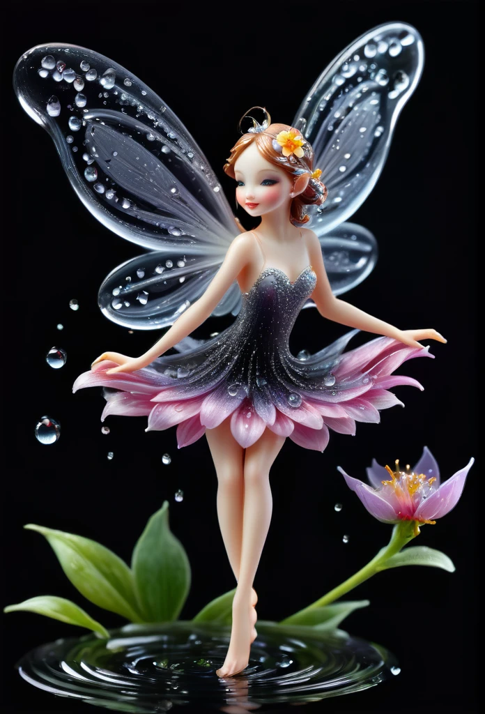 Beautiful flower,with water drops,a tiny miniature fairy(full body) is gracefully sitting on the flower, pitch black background,(art work),(refined details),(high quality)