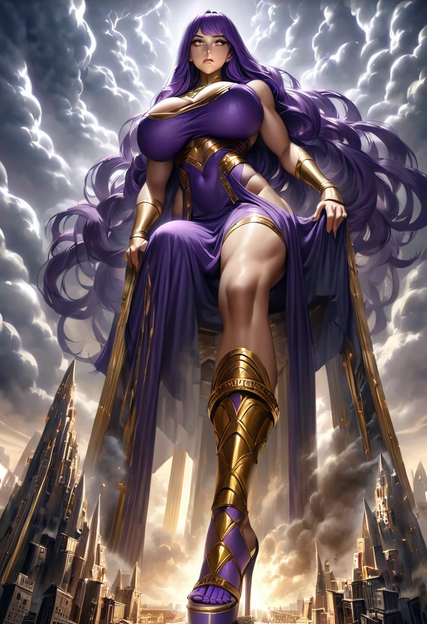 Towering Giantess, Egyptian goddess clothing, purple high heels, toned and athletic, massive strength, really big breasts, gold eyes, deep purple long hair, superior expression, sitting on a gigantic throne, smoke and clouds roil around her, epic scale and drama, dark gloomy lighting, realistic, tense and ominous atmosphere, majestic, powerful, goddess, perspective from below, hand on hip, looking downwards. Fullbody.