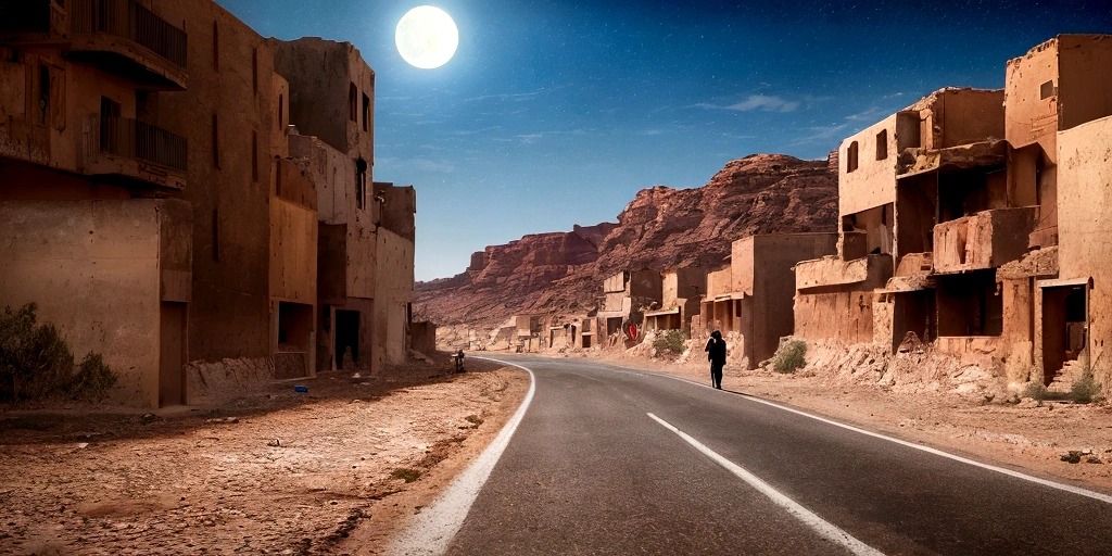 several roads in a deserted place, going in different directions, moonlit atmosphere, with a large crowd walking on these roads, people walking, men and women and children walking, deserted environment, deserted place, arid, no vegetation