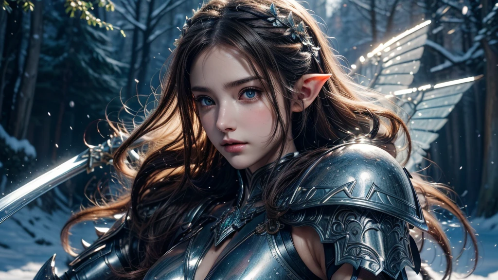 Close-up of woman holding sword and armor, Armor Girl, 2. 5D CGI anime fantasy artwork, Large Breasts,Epic fantasy digital art style, detailed Digital 2D fantasy art, Digital 2D fantasy art, original photo, (best quality:1.3), high resolution, (masterpiece), (lifelike:1.4), Professional photography, Clear focus, High Dynamic Range, 8k resolution, Intricate details, Fine details, Depth of Field, Extremely detailed CG unified 8k wallpaper, masterpiece,poster,best quality,Official Art,(Beauty and aesthetics:1.2),(masterpiece:1.3),Female Elf,individual,Light Leather Armor,complex pattern,snow,castle,Medium distance photography,(early morning),dramatic,Glowing Wings,