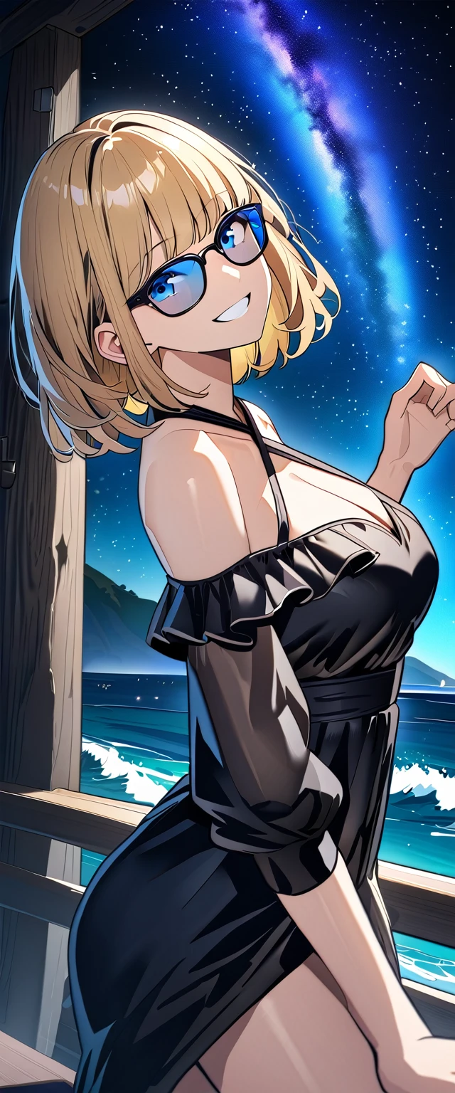 ((grin)), 風が強い, ((off-shoulder dress:1.3, criss-cross halter)), ((black sundress)), ((cleavage)), ((blond hair, bob cut:1.3)), ((sunglasses, hand to sunglasses)), (((from side))), ((((upper body)))), bare legs, (()), (((a beautiful starry sky, the Milky Way shining beautifully in the night))), ((standing on the very high cliff)), wavy hair, inward curled hair, ((sea, nature)), breasts, teenager, (looking at viewer), puffy long sleeves, collarbone, head tilt:1.3, (((blue eyes))), happy smile, (((anime style))), (best quality, 4K, 8K, highres, masterpiece:1.2, ultra-detailed, ultra-detailed eyes, HDR, uhd, studio lighting, ultra-fine painting, sharp focus, physically-based rendering, extreme detail description, professional, vivid colors, bokeh)