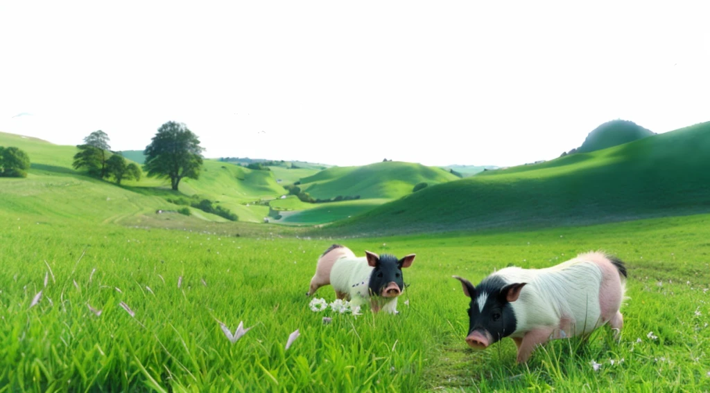 Two little pigs eating grass on the meadow