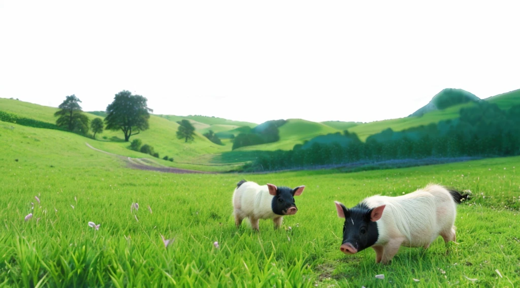 Two little pigs eating grass on the meadow