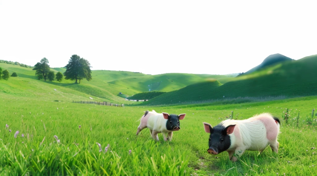 Two little pigs eating grass on the meadow