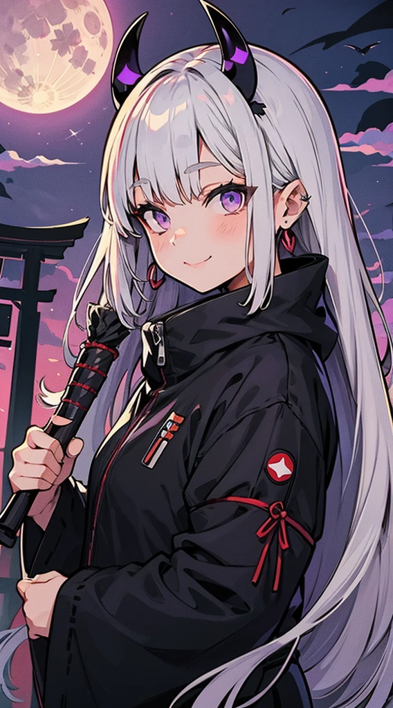 Long silver hair, Smile Torii
, black ninja, full moon, purple eyes, white horns
