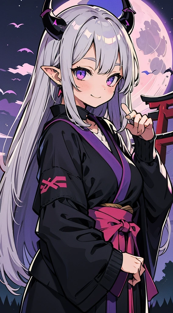 Long silver hair, Smile Torii
, black ninja, full moon, purple eyes, white horns