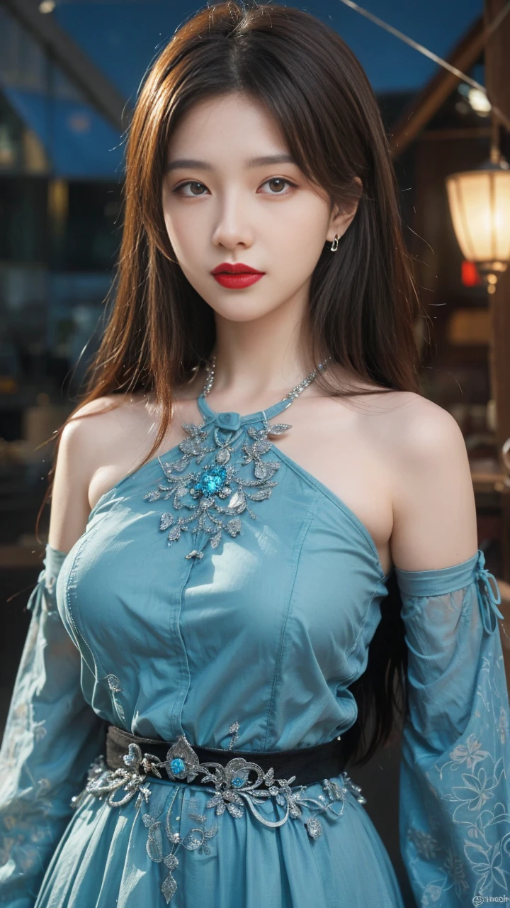 best quality, tmasterpiece,Ultra-high resolution,Clear face,(Reality:1.4),ferpect lighting,(upper body shot), (photorealistic:1.50), anime wallpaper, Guviz style artwork, cover-up fantasy up to magic , by Yang J, Guviz, beautiful artwork illustration, beautiful digital artwork, beautiful digital illustration, Li Song, beautiful anime portrait, art style in Beauvot, Lips wear thick red lipstick