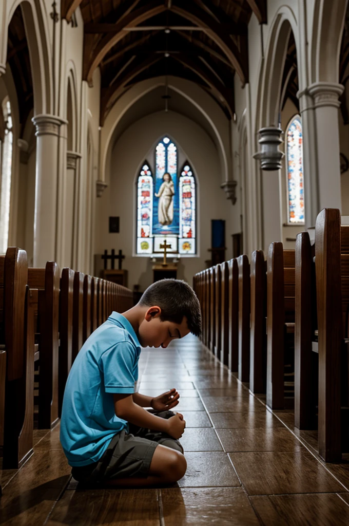 A boy praying inside church
