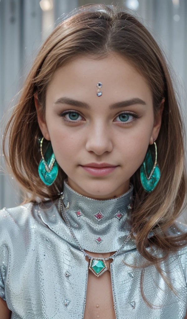 Front view, open mouth, sweet smile, moles, mole on cheeks, ((Teenage girl, ???, 15 years old girl, thin face, skinny:1.2)), slender, slim, close up, white coat, beige shirt, Slender and graceful, beautiful, ultra sharp focus, realistic shot, Winter theme, cold, ((necklage, gem necklage, Metallic texture, round hoop earrings, beautifull earrings, Details, hoop earrings with small diamonds encrusted, colored gems, blue gems, red gems, green gems:1.4)), White background, ((blonde woman, mole under eye, mole on cheeks)), blue eyes, 8K, Ultra HD，digital SLR camera，Gentle lighting，high high quality，filmgrain，Fujifilm XT3 sharp focu 5.6，high detal，Sharp focus