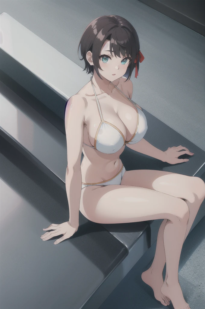 masterpiece, Highest quality, High resolution, Husbar, short hair, Hair Ribbon, White Bikini, Sitting、Huge breasts