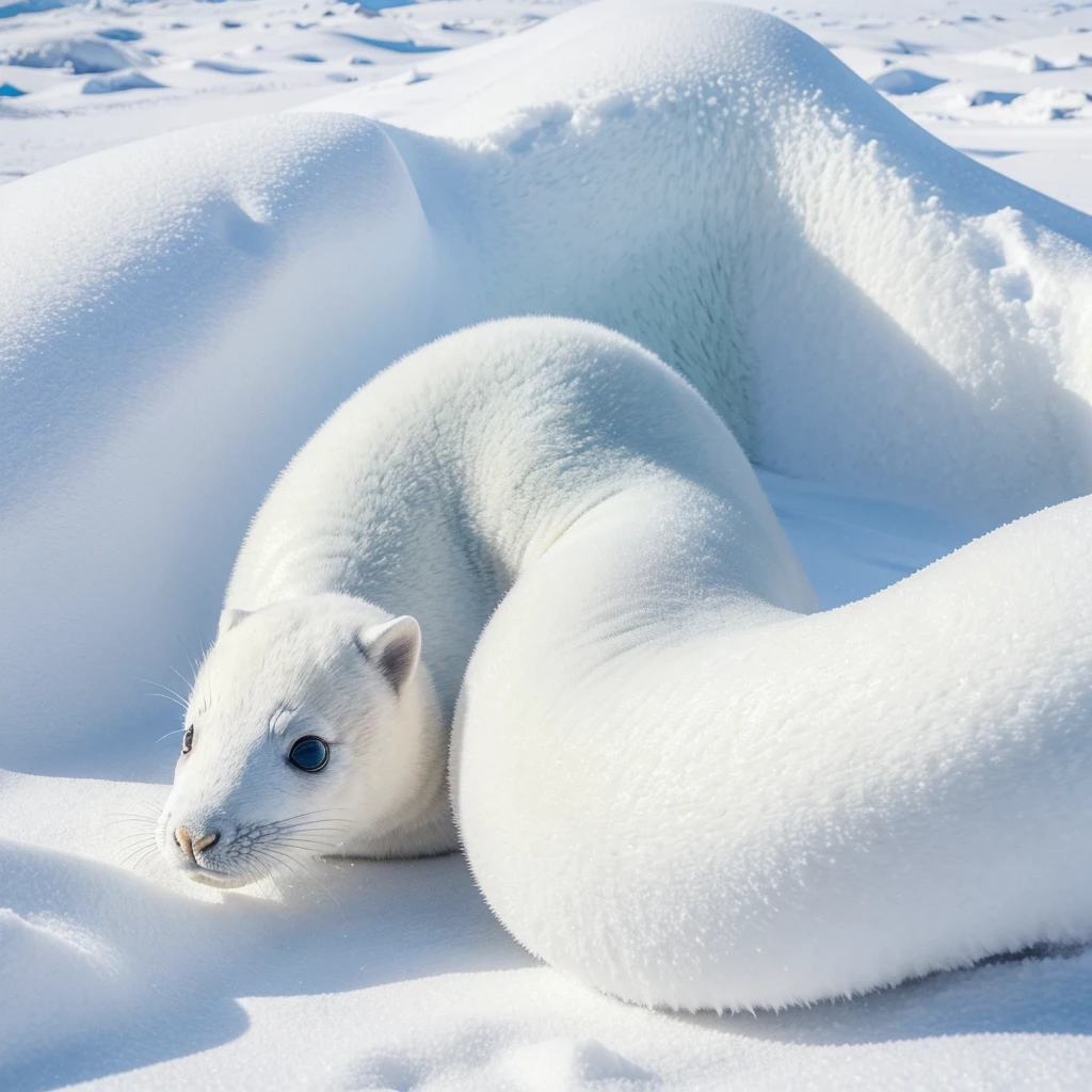 True full-body press angle, UHD contrast, 3D, of a white seal cub, it looks at the camera, big round eyes, smiling, wearing a green cover, the background is snow. Rock, snow, snow mountain, masterpiece image, make sure ultra detailed.