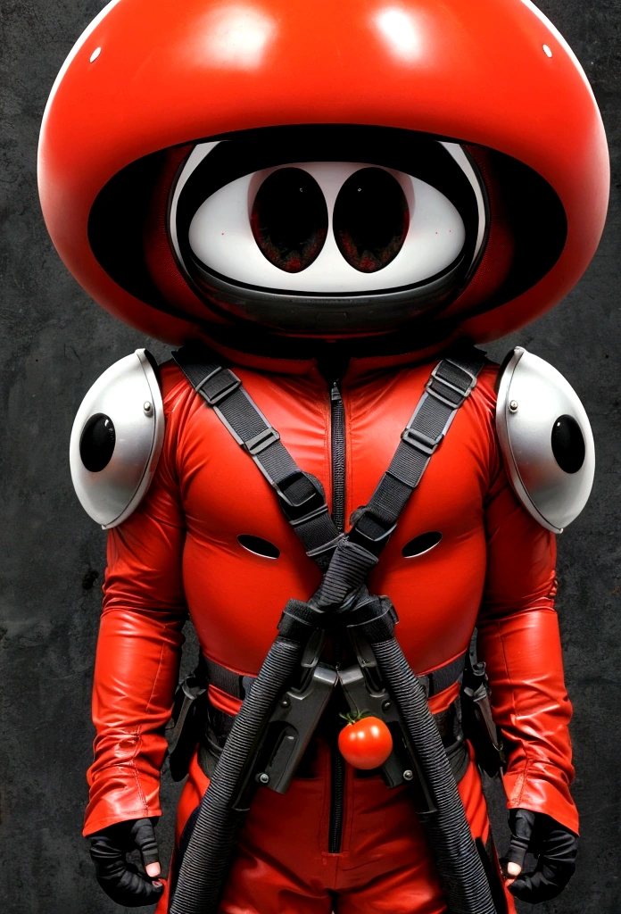 Tomato aliens invading Earth、The head is a red tomato、It has two eyes and is hanging up、Wearing a tight fitting space suit、With a rifle in his hand、There are 3 of them、The background is space