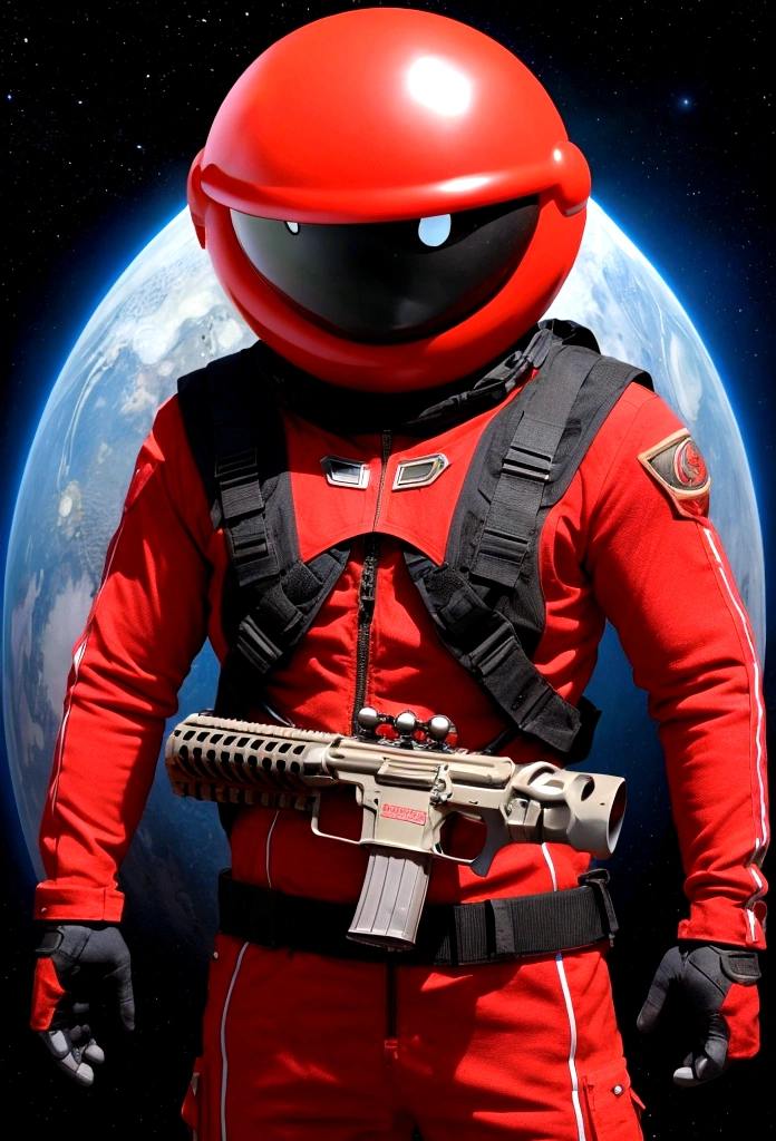 Tomato aliens invading Earth、The head is a red tomato、It has two eyes and is hanging up、Wearing a tight fitting space suit、With a rifle in his hand、There are 3 of them、The background is space