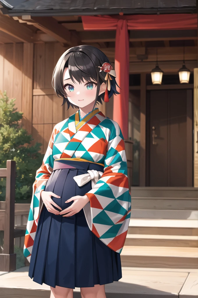 masterpiece, Highest quality, High resolution, Yes Subaru, short hair, Hair Ribbon, Red Bow, hair ornaments, kimono, Printed kimono, Long sleeve, Tassel, Hakama skirt, (Blue Skirt:1.2), Are standing, Cowboy Shot, Outdoor, shrine, Arms at your sides、Pregnant women