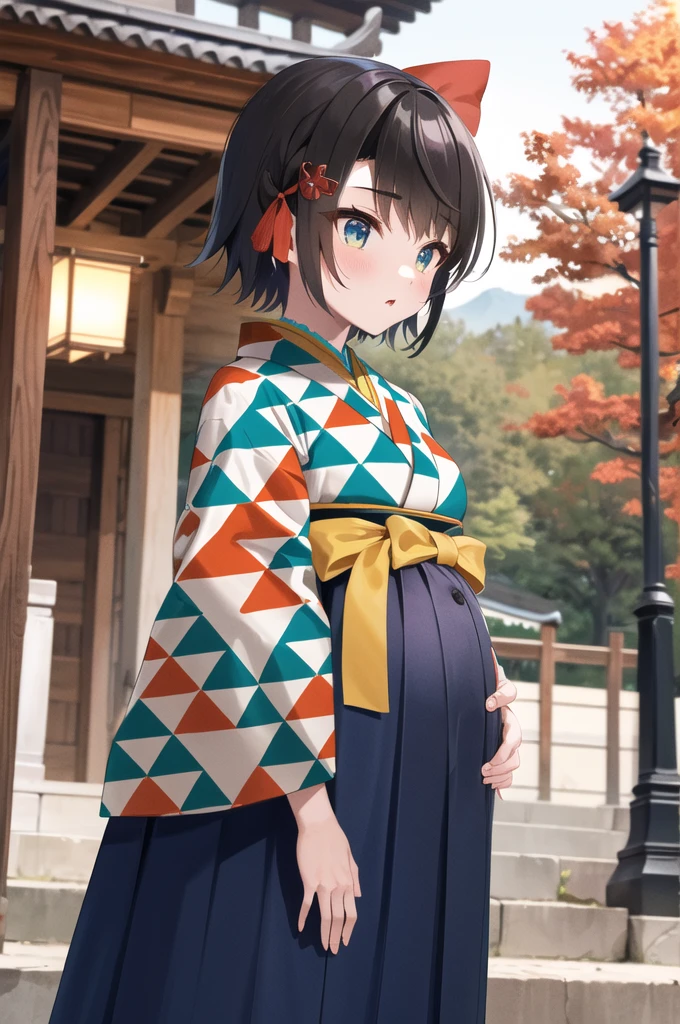 masterpiece, Highest quality, High resolution, Yes Subaru, short hair, Hair Ribbon, Red Bow, hair ornaments, kimono, Printed kimono, Long sleeve, Tassel, Hakama skirt, (Blue Skirt:1.2), Are standing, Cowboy Shot, Outdoor, shrine, Arms at your sides、Pregnant women
