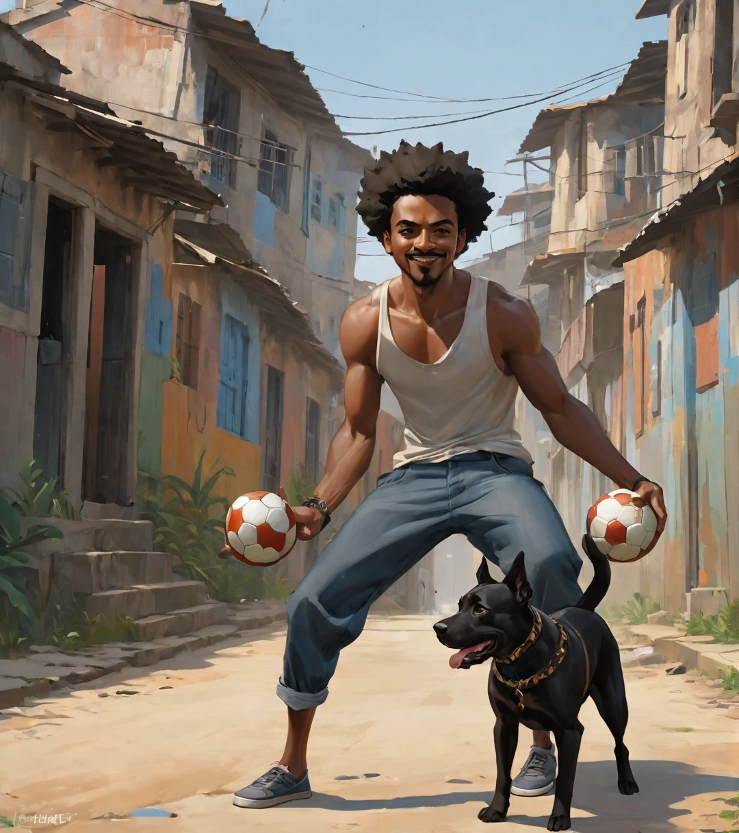 A poor Afro-Brazilian guy in a favela in Porto Alegre Rio Grande do Sul Brazil drawn by Todd McFarlane and Greg Capullo, he is wearing old and torn clothes, he is shotting a soccer ball and playing with the ball with your dog, a favela in the background, Robert Downey Jr Reference., engine unreal, octane rendering, por Jacob Lawrence e Francis Picabia, perfect composition, beautiful detailed intricate insanely detailed octane rendering trending on artstation, 8k art photography, photorrealistic concept art, soft natural volumetric cinematic perfect light, Bright dark, rewarded photography, work of art, oil on canvas, rafael, caravaggio, Greg Rutkowski, beetle, Beksinski, giger, beautiful perfect face with perfect face, a smile on your face with two large central incisors, the detail, highy detailed, photo realist