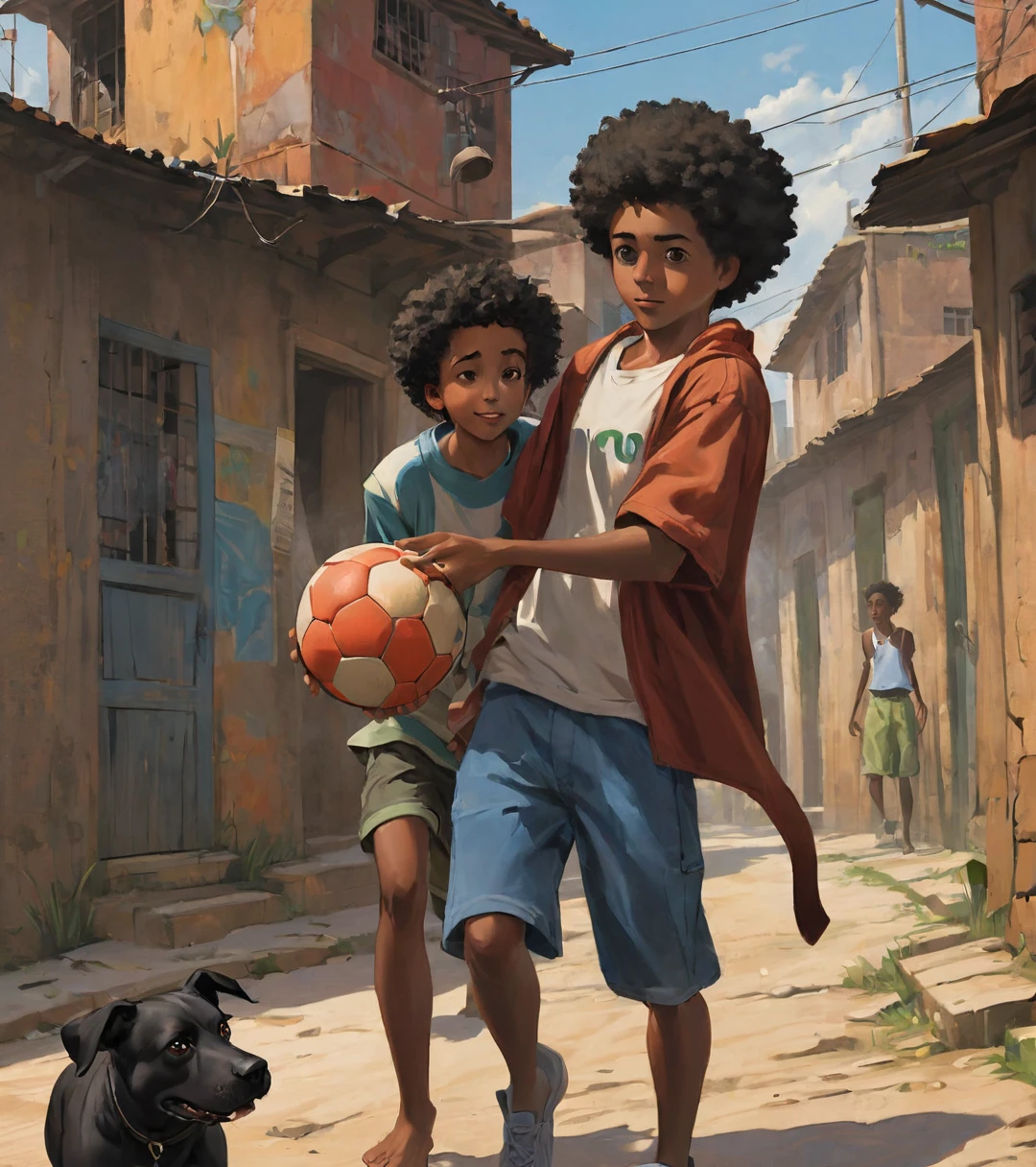 A poor Afro-Brazilian guy in a favela in Porto Alegre Rio Grande do Sul Brazil drawn by Todd McFarlane and Greg Capullo, he is wearing old and torn clothes, he is shotting a soccer ball and playing with the ball with your dog, a favela in the background, Robert Downey Jr Reference., engine unreal, octane rendering, por Jacob Lawrence e Francis Picabia, perfect composition, beautiful detailed intricate insanely detailed octane rendering trending on artstation, 8k art photography, photorrealistic concept art, soft natural volumetric cinematic perfect light, Bright dark, rewarded photography, work of art, oil on canvas, rafael, caravaggio, Greg Rutkowski, beetle, Beksinski, giger, beautiful perfect face with perfect face, a smile on your face with two large central incisors, the detail, highy detailed, photo realist