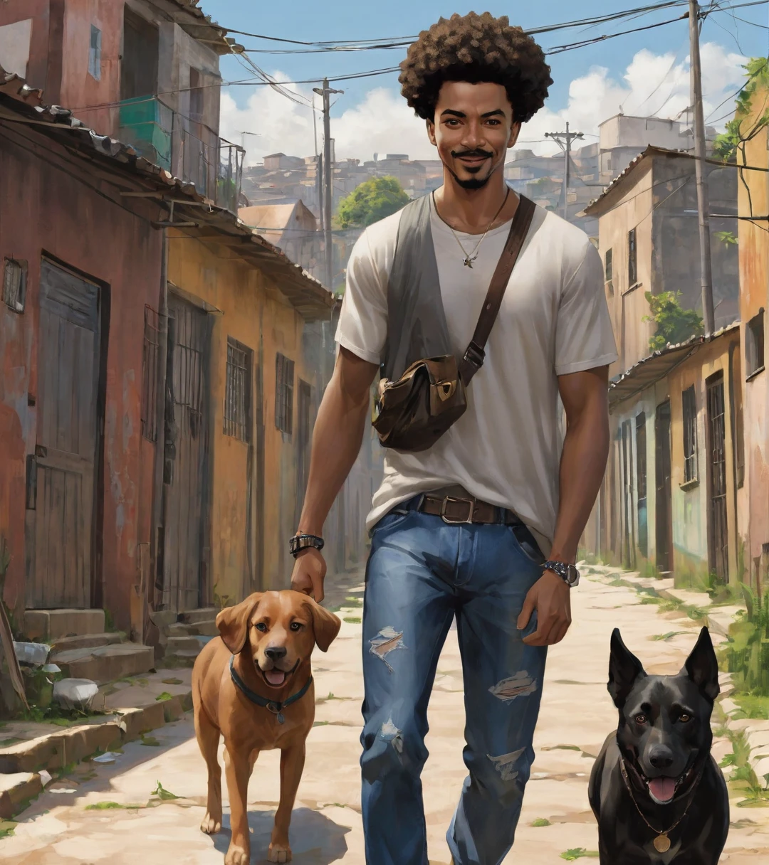A poor Afro-Brazilian guy in a favela in Porto Alegre Rio Grande do Sul Brazil drawn by Todd McFarlane and Greg Capullo, he is wearing old and torn clothes, he is shotting a soccer ball and playing with the ball with your dog, a favela in the background, Robert Downey Jr Reference., engine unreal, octane rendering, por Jacob Lawrence e Francis Picabia, perfect composition, beautiful detailed intricate insanely detailed octane rendering trending on artstation, 8k art photography, photorrealistic concept art, soft natural volumetric cinematic perfect light, Bright dark, rewarded photography, work of art, oil on canvas, rafael, caravaggio, Greg Rutkowski, beetle, Beksinski, giger, beautiful perfect face with perfect face, a smile on your face with two large central incisors, the detail, highy detailed, photo realist