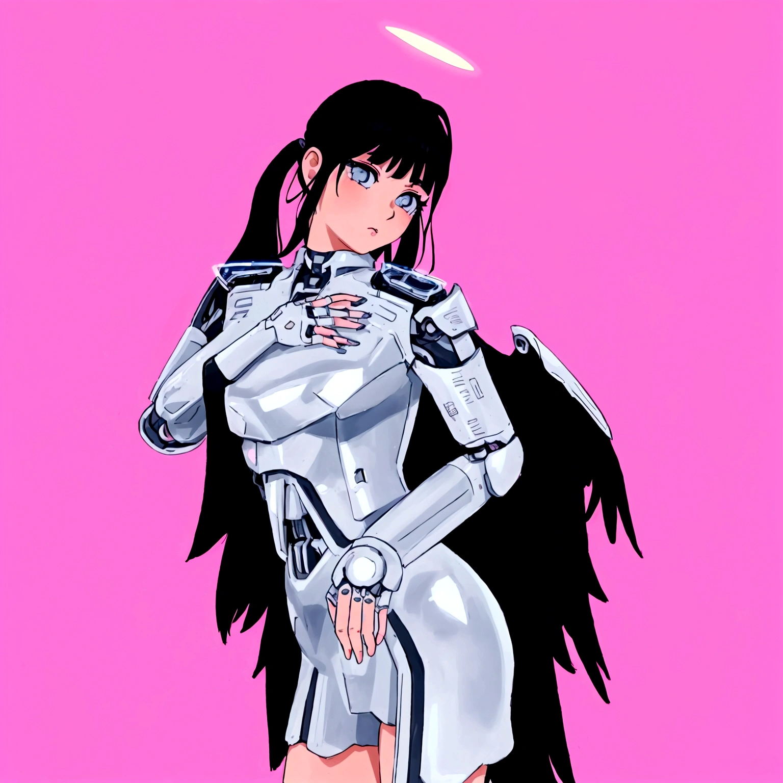 anime girl in silver dress with angel wings and halo, beautiful cyborg angel girl, tron angel, full - body majestic angel, jet black haired cyberpunk girl, angel knight girl, villainess has black angel wings, angel in plastic armor, tall female angel, futuristic robot angel, e - girl, e-girl, angel knight gothic girl